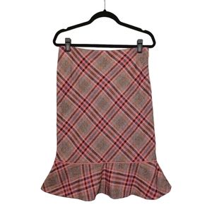 NESS ITALY Pink Blue Plaid Print Ruffle Hem Straight Pencil Skirt 8 (Medium)